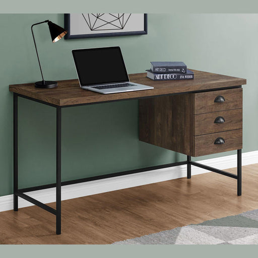 Monarch Specialties I 7485 | Computer cabinet - 55" - Spacious top - 3 drawers - Black metal base - Brown imitation wood finish-SONXPLUS St-Jean